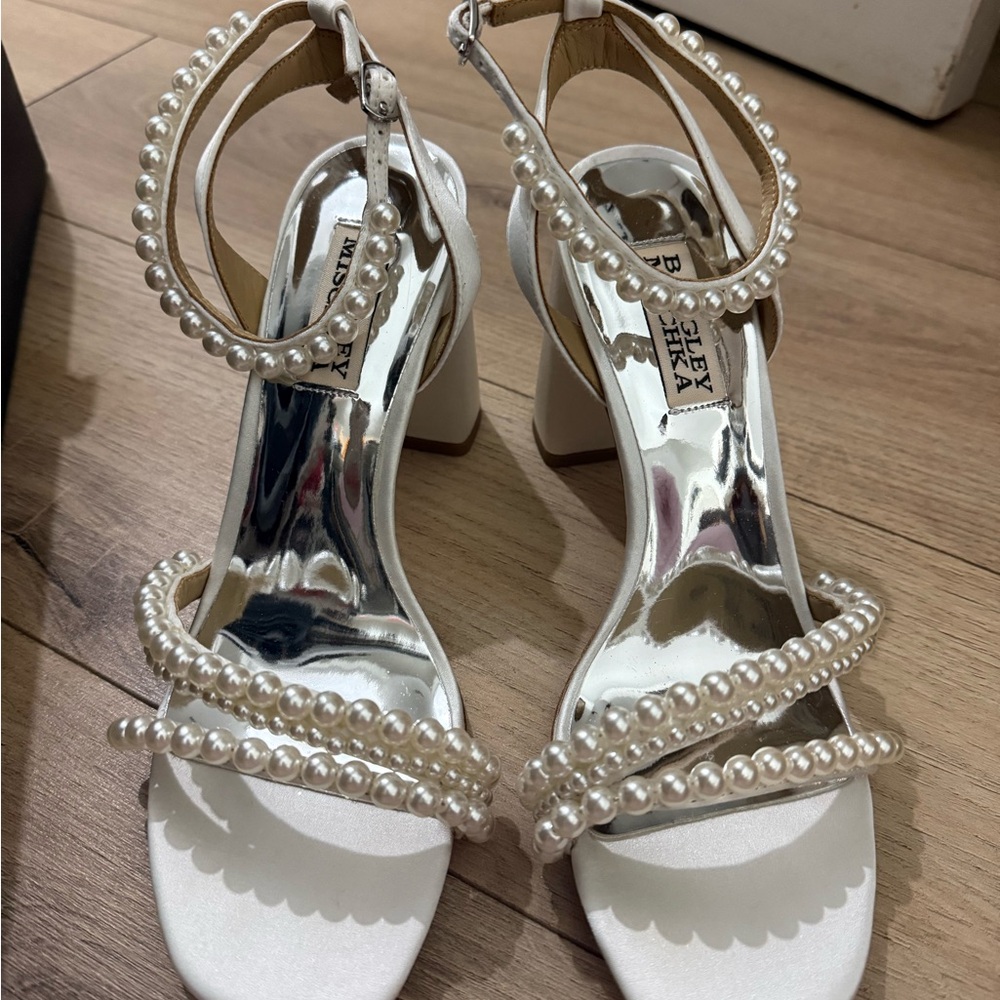 Badgley Mischka Pearl-Adorned White Heels